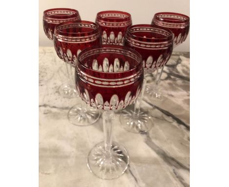 GLASSES, a set of six, Waterford Crystal 'Clarendon Ruby', 8" hock wine glasses, signed. (6) 