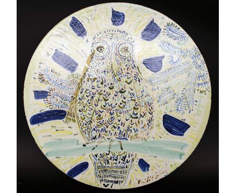 PHILIP SUTTON RA (British b.1928) 'Owl', ceramic roundel, made at Fulham Pottery, 42cm diam. (Subject to ARR - see Buyers Con