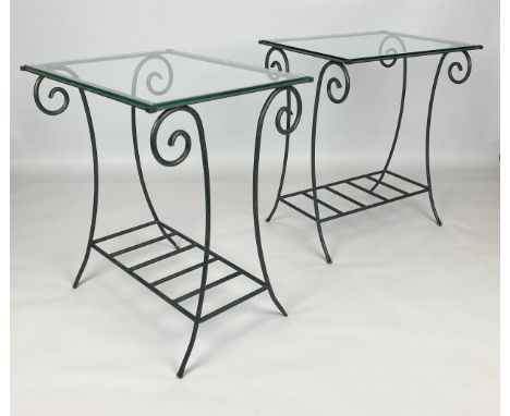 LAMP TABLES, a pair, verdigris scrolled metal bases with glass tops, 57cm H x 49cm x 39cm. (2) 