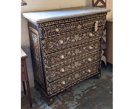 SYRIAN COMMODE, 120cm x 57.5cm x 129cm, Antique hardwood, mother of pearl, bone and pewter inlaid with serpentine marble top 