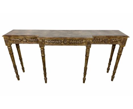 BREAKFRONT CONSOLE TABLE, Neoclassical design with carved acanthus leaf and paterae decoration, 86cm H x 180cm x 38cm. 