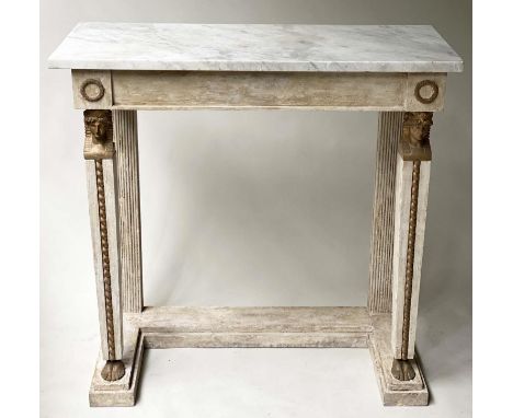 SWEDISH CONSOLE TABLE, 98cm W x 40cm D x 97cm H, Gustavian style, grey painted and Egyptian gilt figure mounted, with marble 