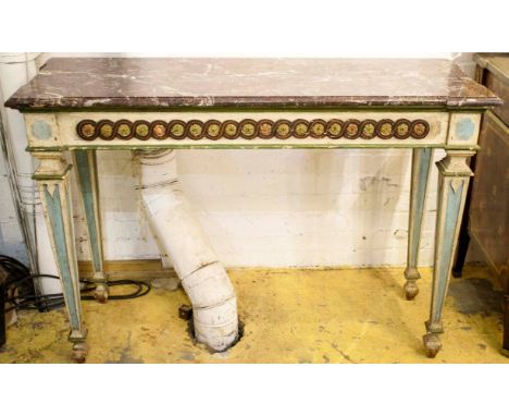 CONSOLE TABLES, 120cm W x 43cm D x 89cm H, a pair, 18th century style Italian, each with marble top on distressed blue painte