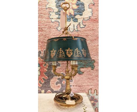 BOUILOTTE LAMP, 79cm, gilt and green metal with adjustable shade. 