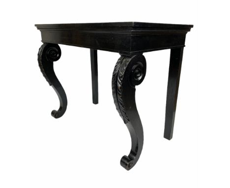 CONSOLE TABLE, circa 1830 and later ebonised with carved cabriole front supports, 80cm H x 101cm W x 55cm D. 