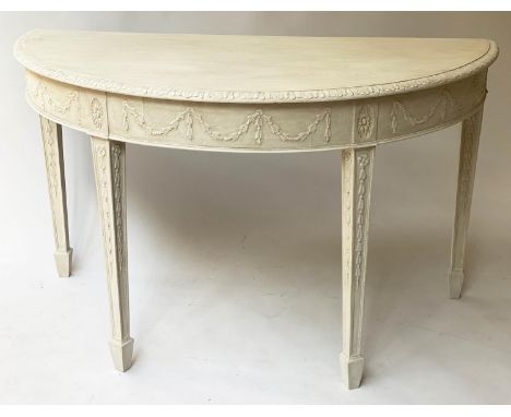 CONSOLE TABLE, 127cm W x 63cm D x 75cm H, George III design, Adam style grey painted demi lune with swag frieze. 