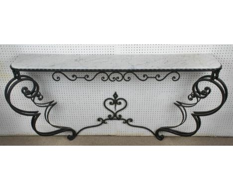 CONSOLE TABLE, Continental scrolling wrought iron base with a marble top, base is 77cm H x 150cm H x 30cm D. 