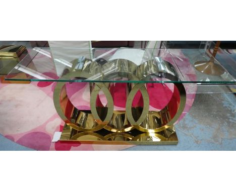 CONSOLE TABLE, 50cm D x 78cm H x 150cm W, glass top polished metal base. 