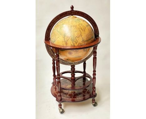 GLOBE COCKTAIL CABINET, in the form of an antique terrestrial globe on stand with rising lid and fitted interior, 95cm H. 