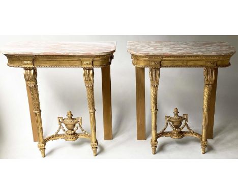 CONSOLE TABLES, a pair, 86cm x 42cm D x 90cm H, 19th century Italian giltwood, in Louis XVI style, of D outline, with fluted 