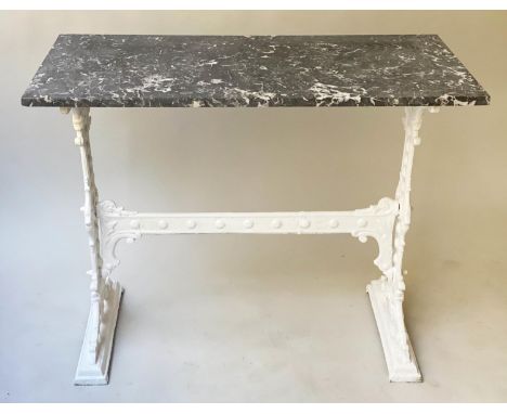 CONSOLE/CENTRE/GARDEN TABLE, 19th century rectangular St Annes marble top on painted cast iron trestle supports, 99cm W x 48c