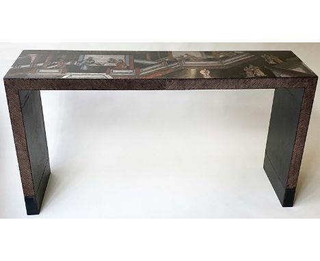 MAITLAND SMITH ATTRIBUTED CONSOLE TABLE. 147cm x 40cm D x 78cm H. Rectangular Japanese design black lacquer, incised gilt pol