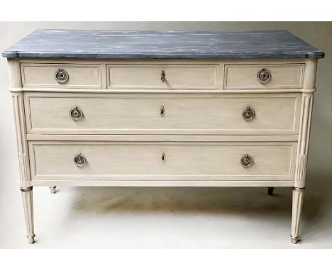 DIRECTOIRE COMMODE, 130cm W x 60cm D x 89cm H, French early 19th century, grey painted and silvered metal mounted, with marbl