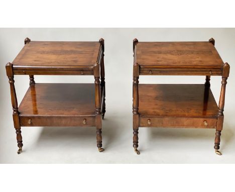 LAMP TABLES, a pair, 53cm W x 48cm D x 59cm H, George III design, burr yewwood and crossbanded, each with brushing slide and 