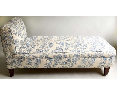 DAYBED, Edwardian mahogany, with "drop" end and square tapering supports, upholstered in blue/white toile de jouy, 170cm W. 