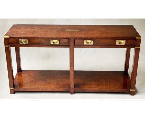 CONSOLE/HALL TABLE, 69cm H x 138cm W x 41cm D, Campaign style cherry wood and brass bound with two frieze drawers and underti