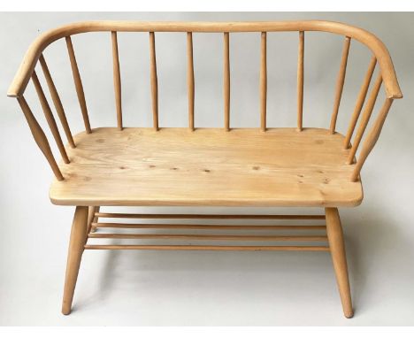 SMALL HALL BENCH, 67cm H x 87cm W, elm seat with stick wraparound back and stretchered supports in 'Ercol' manner. 