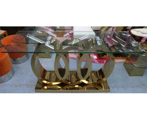 CONSOLE TABLE, 50cm D x 78cm H x 150cm W, glass top polished metal base. 