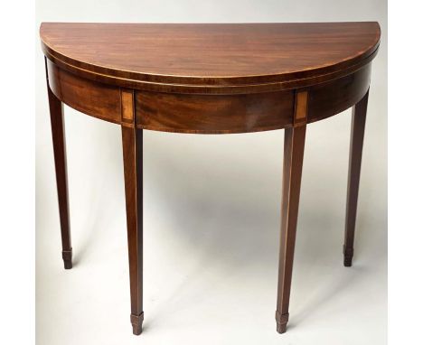 CARD TABLE, George III period demi lune and satinwood crossbanded with foldover baize lined top. 91cm W x 45cm D x 74cm H. 