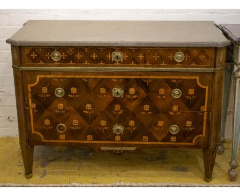 COMMODE, 118cm W x 59cm D x 87cm H, late 18th century Swedish mahogany, parquetry, marquetry and brass mounted with marble to