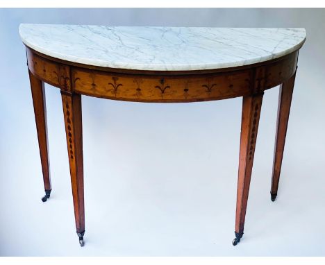 GEORGE III CONSOLE TABLE, 106cm W x 49cm D x 80cm H, satinwood and marquetry with demi lune marble top above pineapple motif 