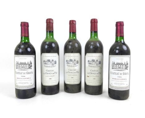 Vintage Wine: five bottles, comprising three bottles of Chateau Les Ormes De Pez, 1982, St Estephe, U: all top shoulder or be