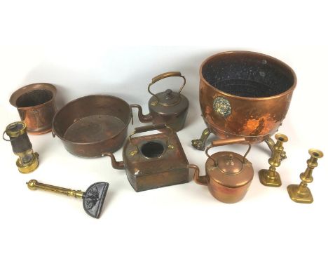A collection of copper and brass items, including a rectangular log bin, 38 by 32 by 26cm high, and two others, three copper 
