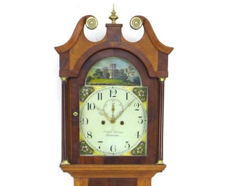 An early 19th century oak longcase clock, circa 1830, by Joseph Wilson of Stamford, painted arch dial depicting a turreted bu