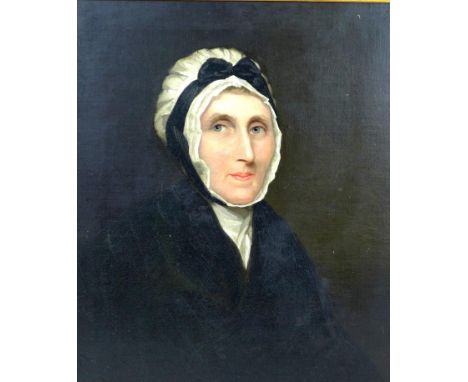 English School (19th century): half length portrait of a woman in black coat, and a white headscarf tied with a black ribbon,