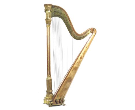 A Victorian harp, Sebastian and Pierre Erard's Harp Patent, No 5535, birds eye maple inlaid giltwood, in Gothic taste with th