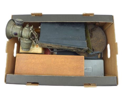 A group of various hand tools and boxes, including socket sets, verniers and other gauges, Salter scales, a vintage bike lamp