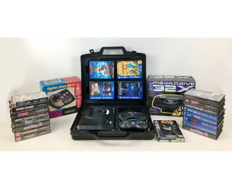 A Sega Megadrive 16 bit and an Sega 32X console with games and accessories, including twenty Megadrive games, a Star Wars Arc