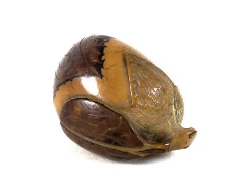 A Japanese Katabori netsuke, likely Meiji period, made out of a tagua nut and shell and carved in the form of a gourd, two ch
