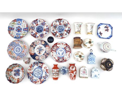 A large group of English, European, Chinese and Japanese ceramics, including seven Japanese Imari plates, largest 22cm diamet