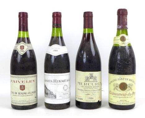 Vintage Wine: a mixed parcel of four bottles, comprising a bottle of Mercurey, Les Champs Martins, 1986, Domaine Fabien et Lo