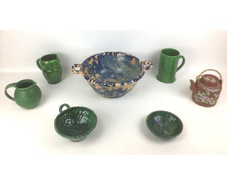 A group of seven European and Eastern style ceramics, including a large twin handled bowl with peach ground and blue decorati