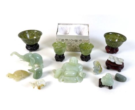 A collection of modern jade and hardstone ornaments, including two pairs of cups, and various carved figures. (13) 