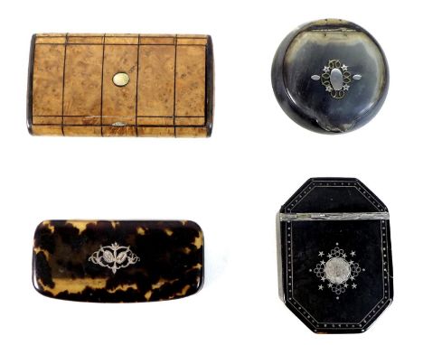 A group of 19th century snuff boxes, comprising an octagonal silver inset tortoiseshell box, 7.5 by 5.3 by 2cm, an oblong bur