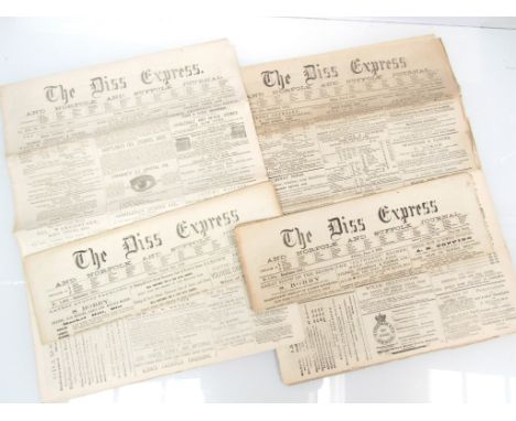 'The Diss Express', four late 19th Century Newspapers 1875-1899, each with period engraved advertisements, railway timetables