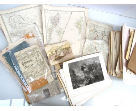 A quantity of mixed ephemera, maps and prints including Bacon's County Maps, steel engravings after Turner, pencil and waterc
