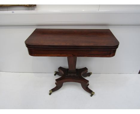 A Regency rosewood crossbanded card table, on quatreform pedestal base, 91cm long    