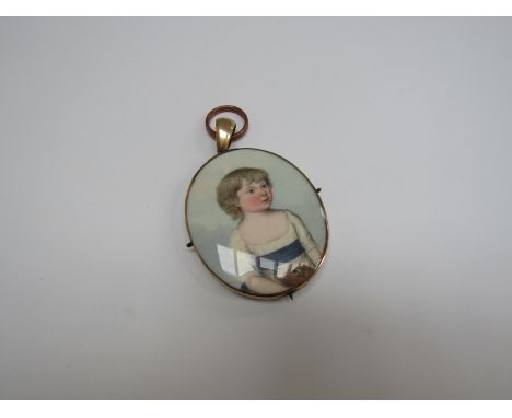 A Circa 1830's miniature on ivory portrait of young girl with dog attributed to Frederick Buck, yellow metal oval setting wit