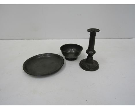 A 19th Century pewter candlestick, bowl and plate (3)