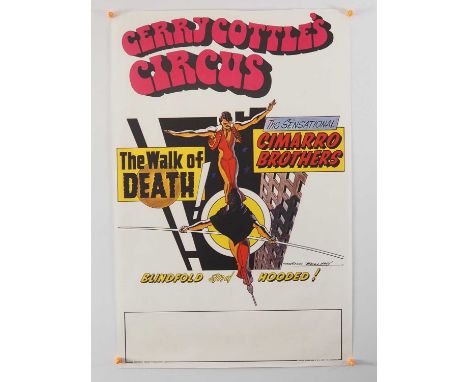 GERRY COTTLES CIRCUS (1976)- A striking vintage advertising poster for the circus featuring 'The Walk of Death' and the Cimar