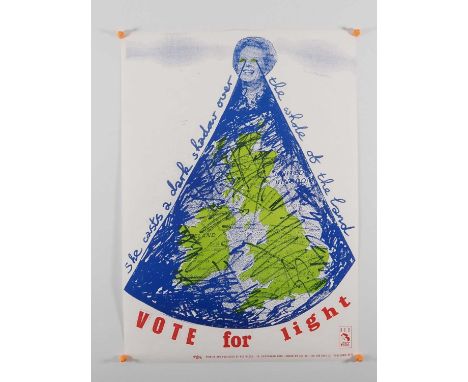 RED WEDGE - A promotional poster featuring an image of Margaret Thatcher casting a shadow, by Jamie Reid produced in 1987 'Vo