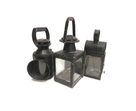 Three railway lamps: three aspect signal lamp with clear lens only, height 28.5cm (lacks burner etc.); National Rail lamp wit