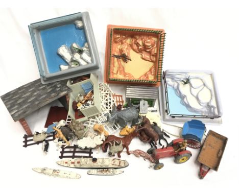 Selection of Britains and other plastic farm/zoo animals and accessories, includes 3 x Britains Zoo Enclosures (Arctic Pool; 