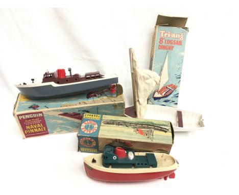 Three plastic model boats: Penguin Naval Pinnace, length 25cm (G/VG, one funnel requires reattachment, motor in working order