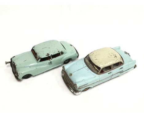 Gama (W. Germany) Opel Kapitan: tinplate friction drive model in pale blue with tin printed interior, length 25cm (F, motor i
