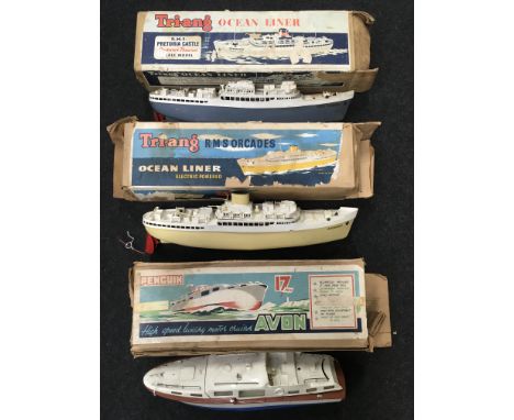 Three plastic model boats: Penguin (England) Avon Luxury Cruiser: plastic battery operated model, length 45cm (F in F/P box);